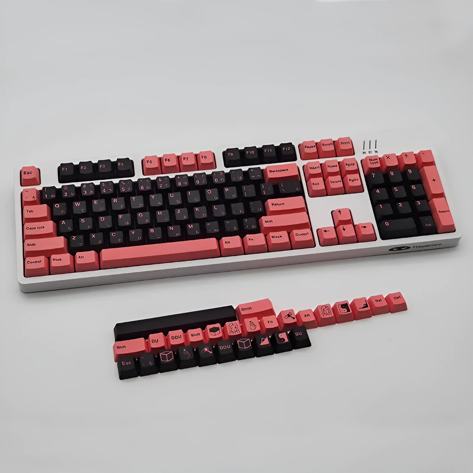 PBT sublimation keycap set with colour options Black Pink, Blue, and Brown, compatible with 104 108 87 key keyboards