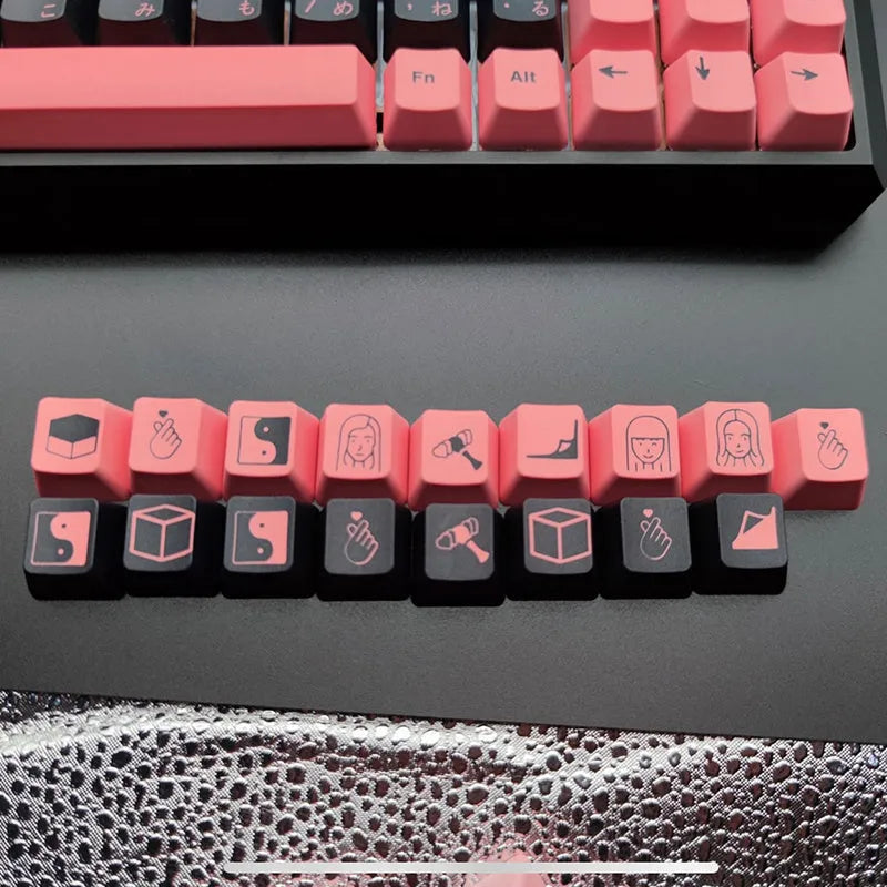 PBT sublimation keycap set with colour options Black Pink, Blue, and Brown, compatible with 104 108 87 key keyboards