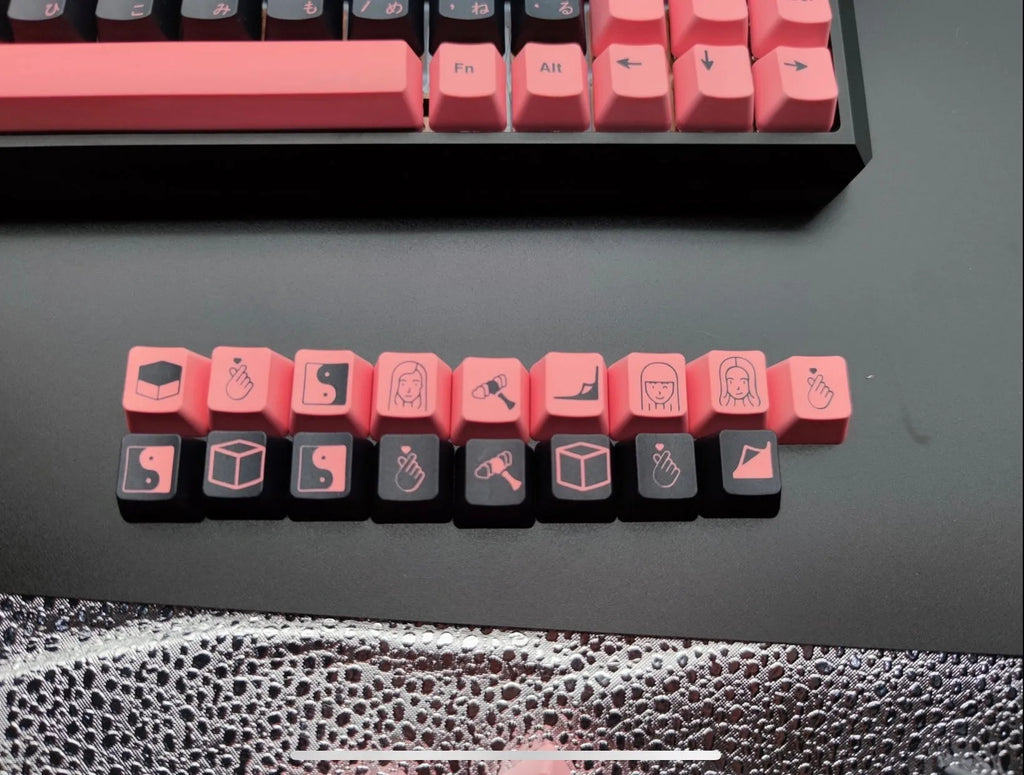 PBT sublimation keycap set with colour options Black Pink, Blue, and Brown, compatible with 104 108 87 key keyboards