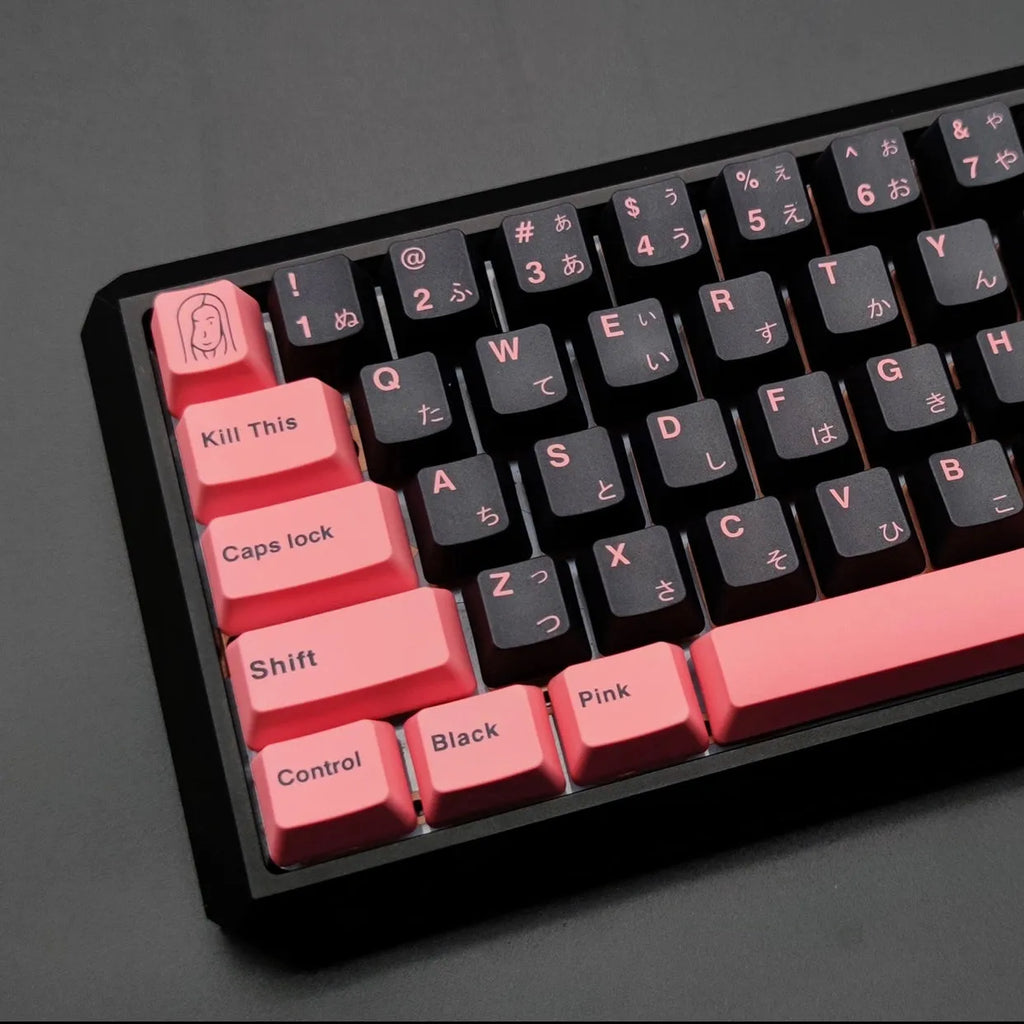 PBT sublimation keycap set with colour options Black Pink, Blue, and Brown, compatible with 104 108 87 key keyboards