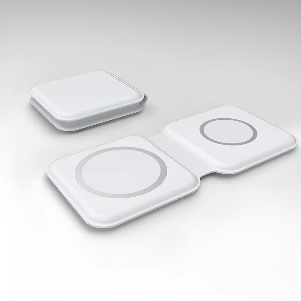 White 2 in 1 magnetic wireless charger with foldable design showing dual charging surfaces