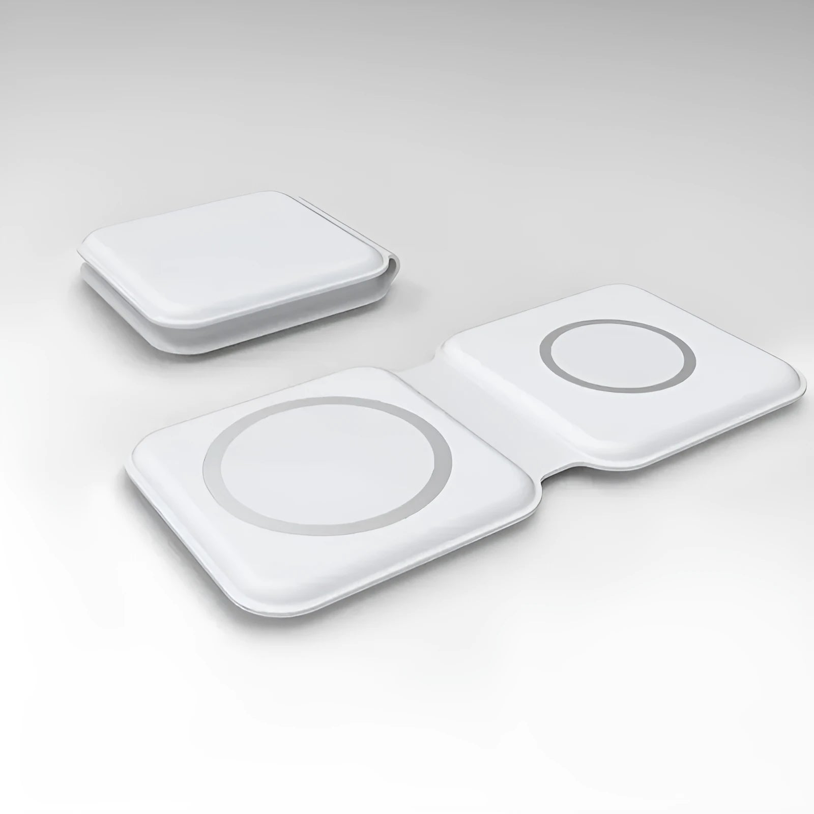 White 2 in 1 magnetic wireless charger with foldable design showing dual charging surfaces