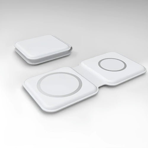 White 2 in 1 magnetic wireless charger with foldable design showing dual charging surfaces