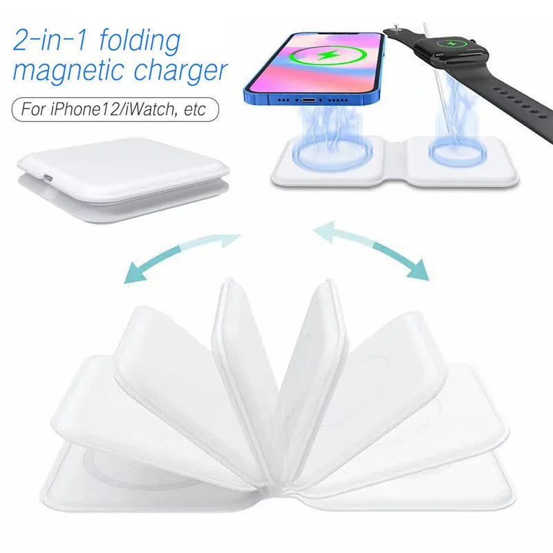 White 2 in 1 magnetic wireless charger with foldable design showing dual charging surfaces