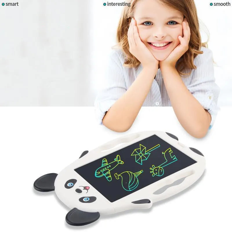 Panda-style LCD electronic drawing board with one-button clear function on a blue ABS plastic frame.