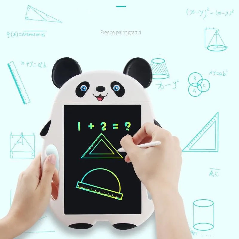 Panda-style LCD electronic drawing board with one-button clear function on a blue ABS plastic frame.