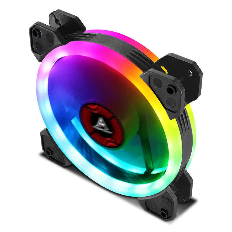 12cm square camouflage pattern PC cooling fan with glowing RGB LEDs on blades and a small central speaker.