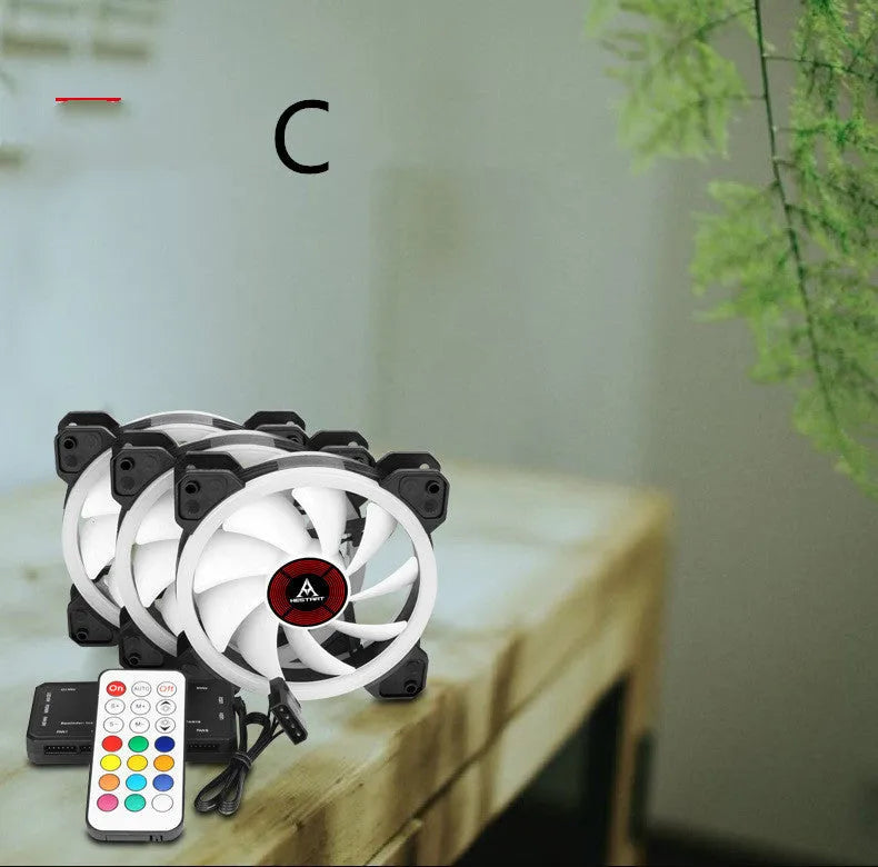 12cm square camouflage pattern PC cooling fan with glowing RGB LEDs on blades and a small central speaker.