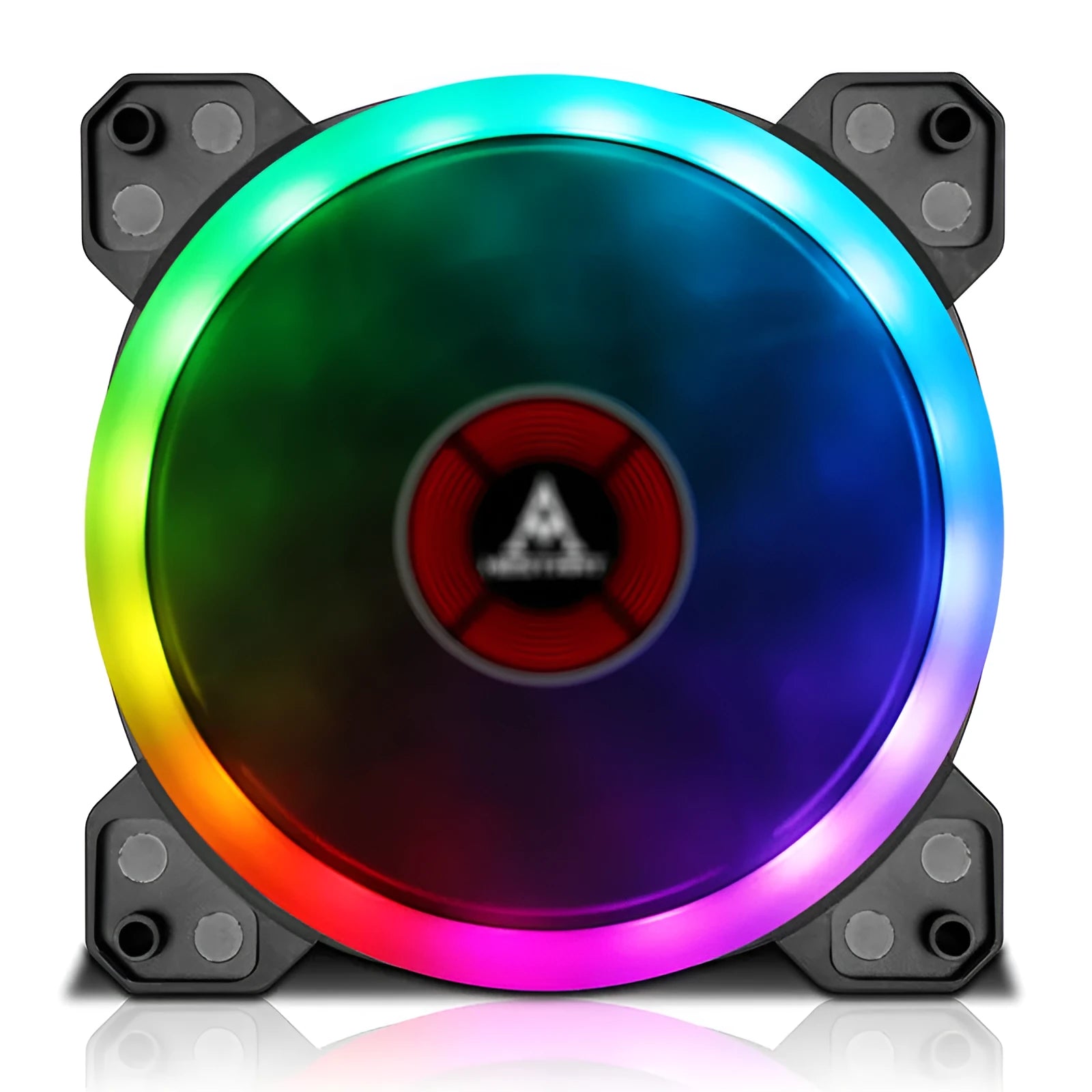 12cm square camouflage pattern PC cooling fan with glowing RGB LEDs on blades and a small central speaker.