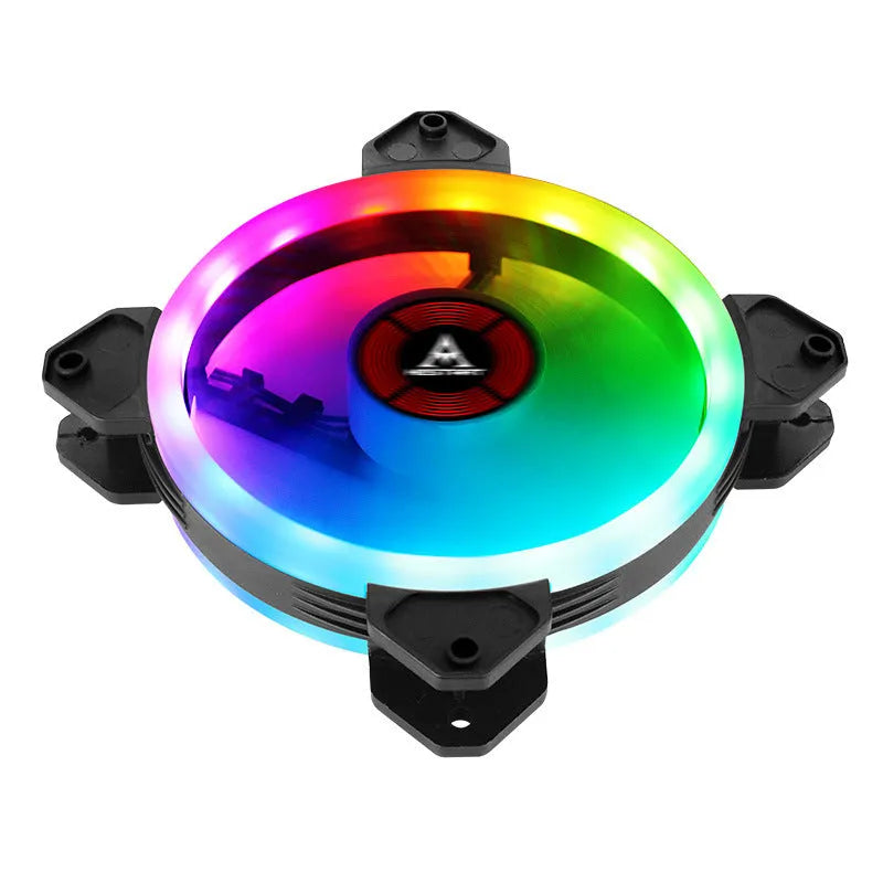 12cm square camouflage pattern PC cooling fan with glowing RGB LEDs on blades and a small central speaker.