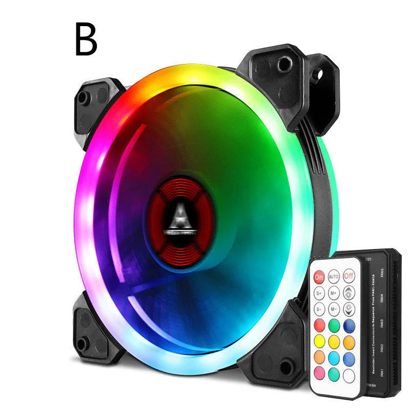 12cm square camouflage pattern PC cooling fan with glowing RGB LEDs on blades and a small central speaker.