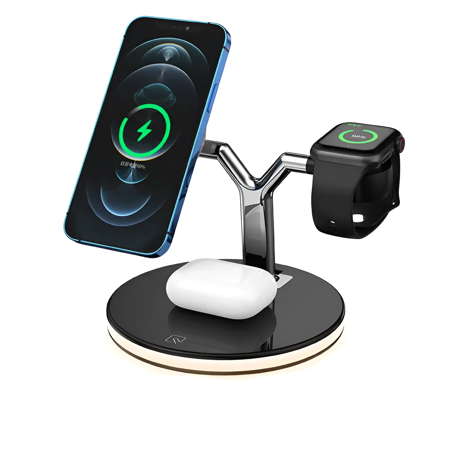Black and white 15W magnetic wireless fast charging station with three-in-one design