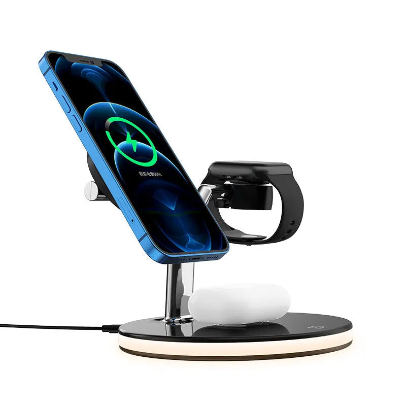 Black and white 15W magnetic wireless fast charging station with three-in-one design