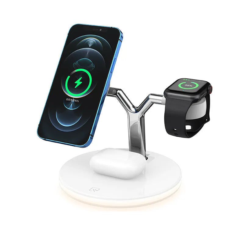 Black and white 15W magnetic wireless fast charging station with three-in-one design