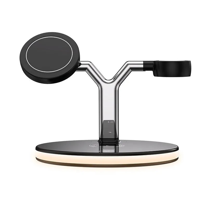 Black and white 15W magnetic wireless fast charging station with three-in-one design
