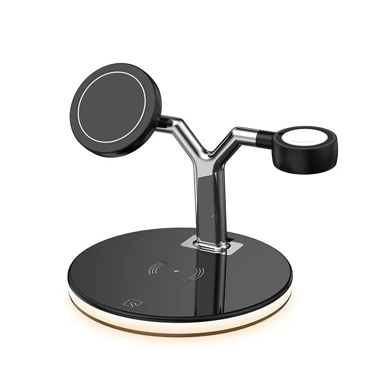 Black and white 15W magnetic wireless fast charging station with three-in-one design