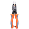 Orange-handled multifunctional electrician's pliers with duckbill design for wire stripping and electrical work
