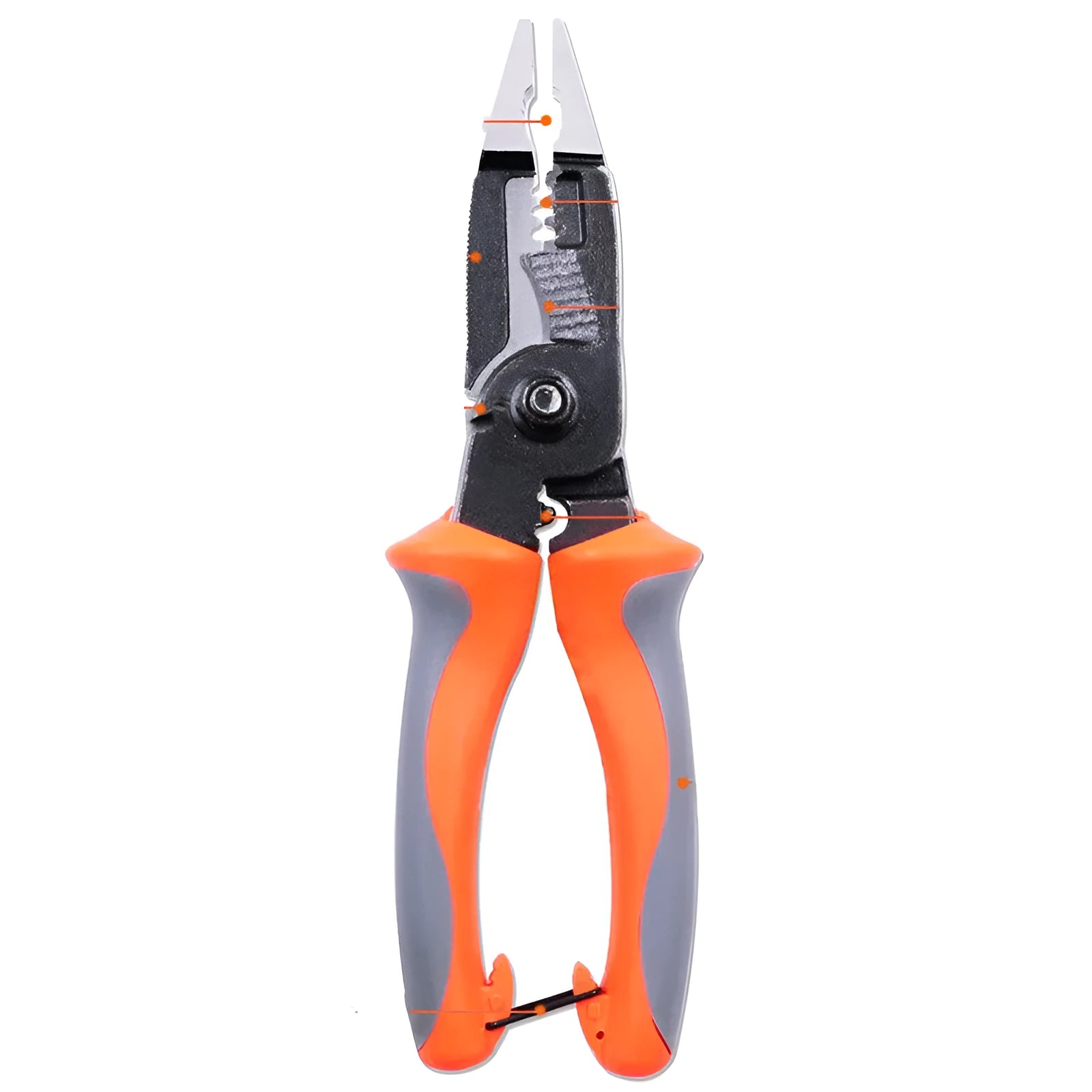 Orange-handled multifunctional electrician's pliers with duckbill design for wire stripping and electrical work