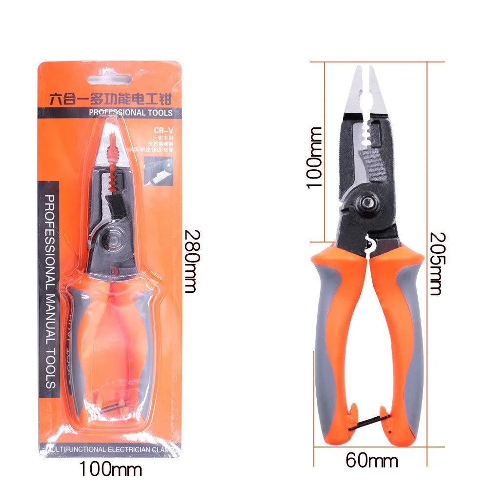 Orange-handled multifunctional electrician's pliers with duckbill design for wire stripping and electrical work