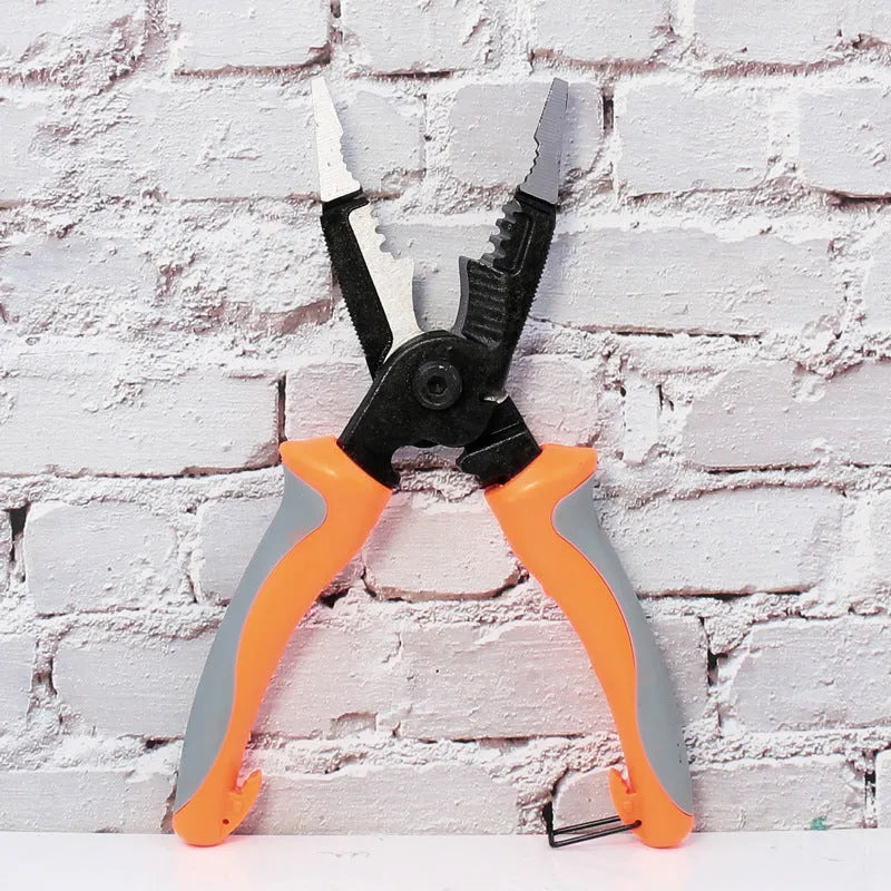 Orange-handled multifunctional electrician's pliers with duckbill design for wire stripping and electrical work