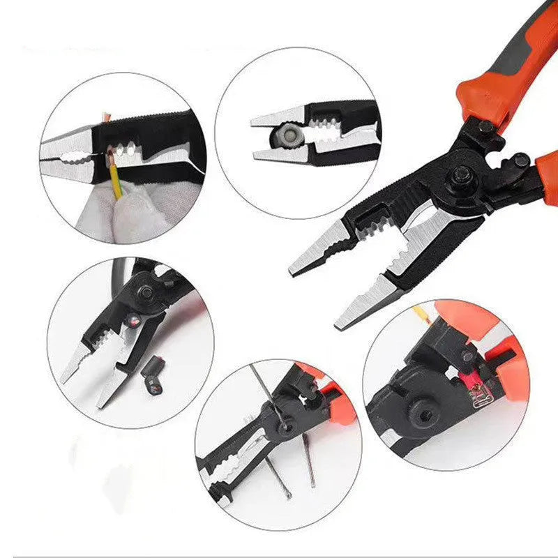 Orange-handled multifunctional electrician's pliers with duckbill design for wire stripping and electrical work