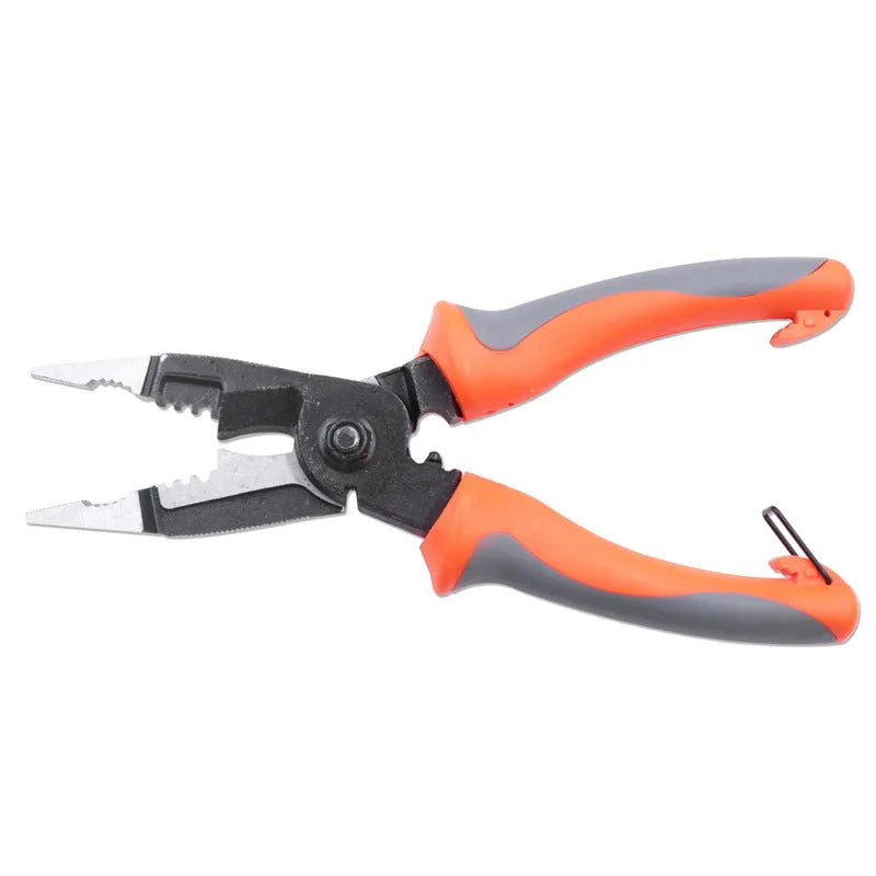 Orange-handled multifunctional electrician's pliers with duckbill design for wire stripping and electrical work