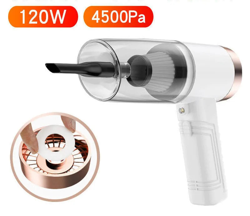 Starry Sky Black portable car vacuum cleaner with long cord and set of five suction head accessories on a grey background.