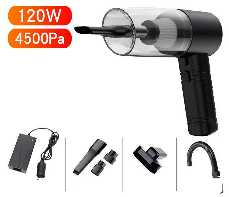 Starry Sky Black portable car vacuum cleaner with long cord and set of five suction head accessories on a grey background.