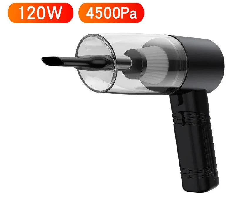 Starry Sky Black portable car vacuum cleaner with long cord and set of five suction head accessories on a grey background.
