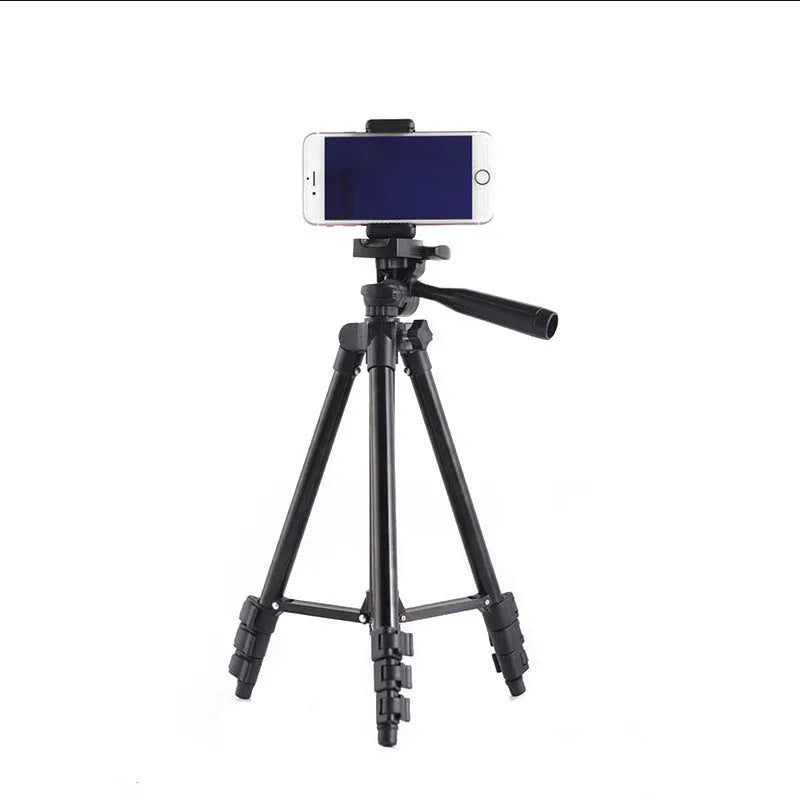Black portable aluminium alloy camera tripod with 4-section legs extended, showing 3D head and quick-release plate.