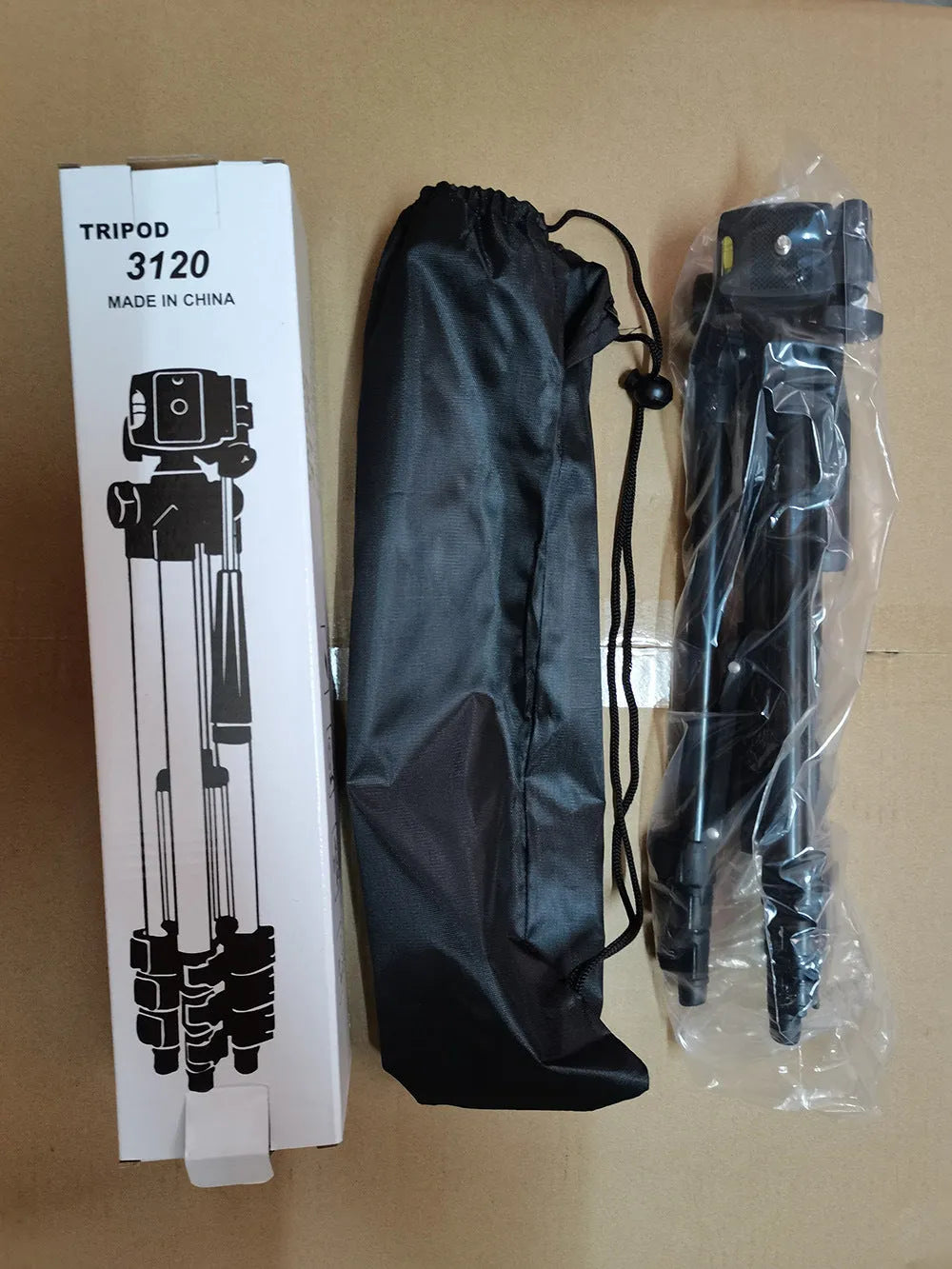 Black portable aluminium alloy camera tripod with 4-section legs extended, showing 3D head and quick-release plate.