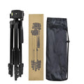 Black portable aluminium alloy camera tripod with 4-section legs extended, showing 3D head and quick-release plate.