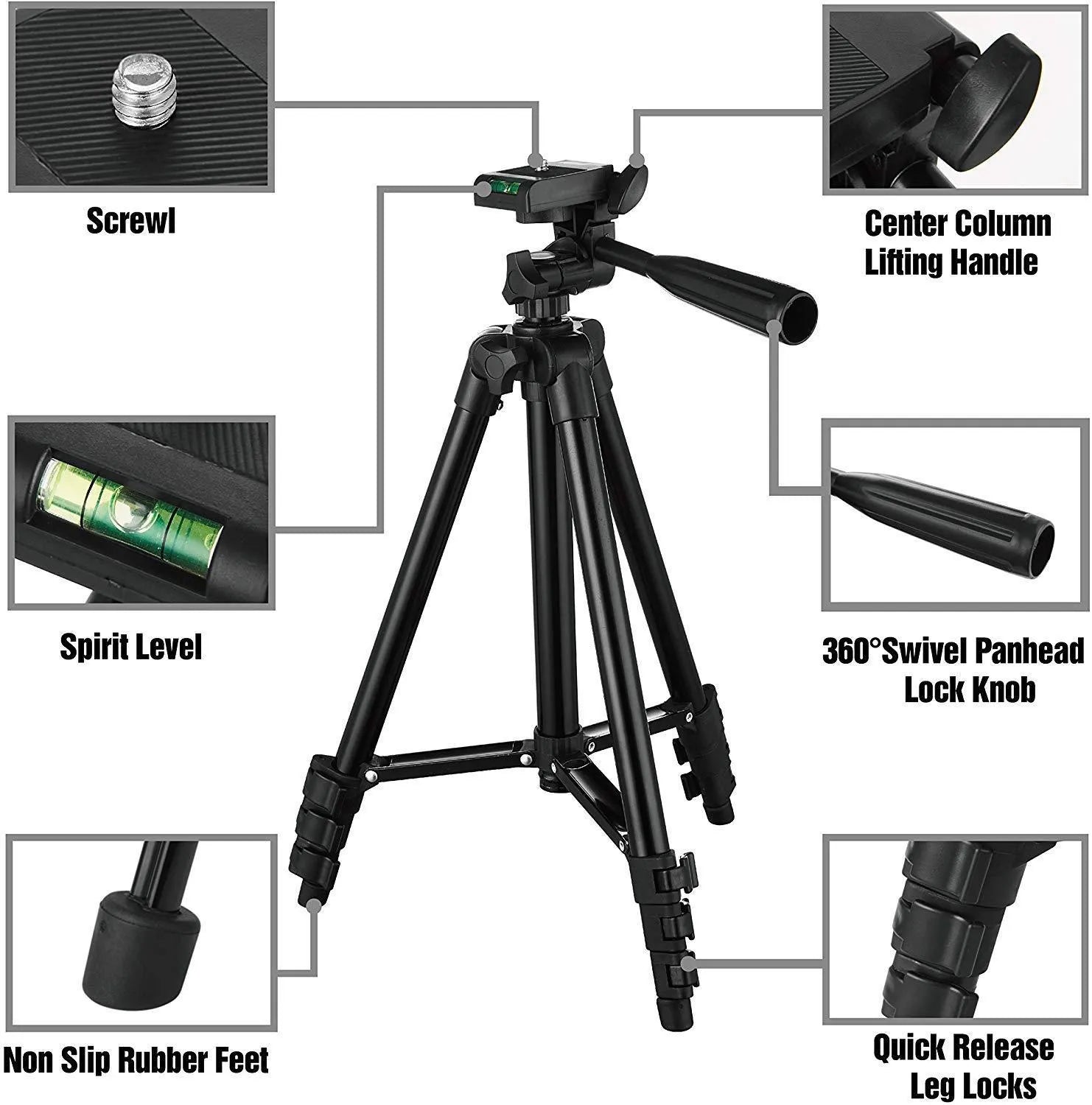 Black portable aluminium alloy camera tripod with 4-section legs extended, showing 3D head and quick-release plate.
