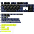 PBT two-colour double-shot moulded mechanical keyboard keycaps in a pink, black, blue, purple, red, and black colour scheme.