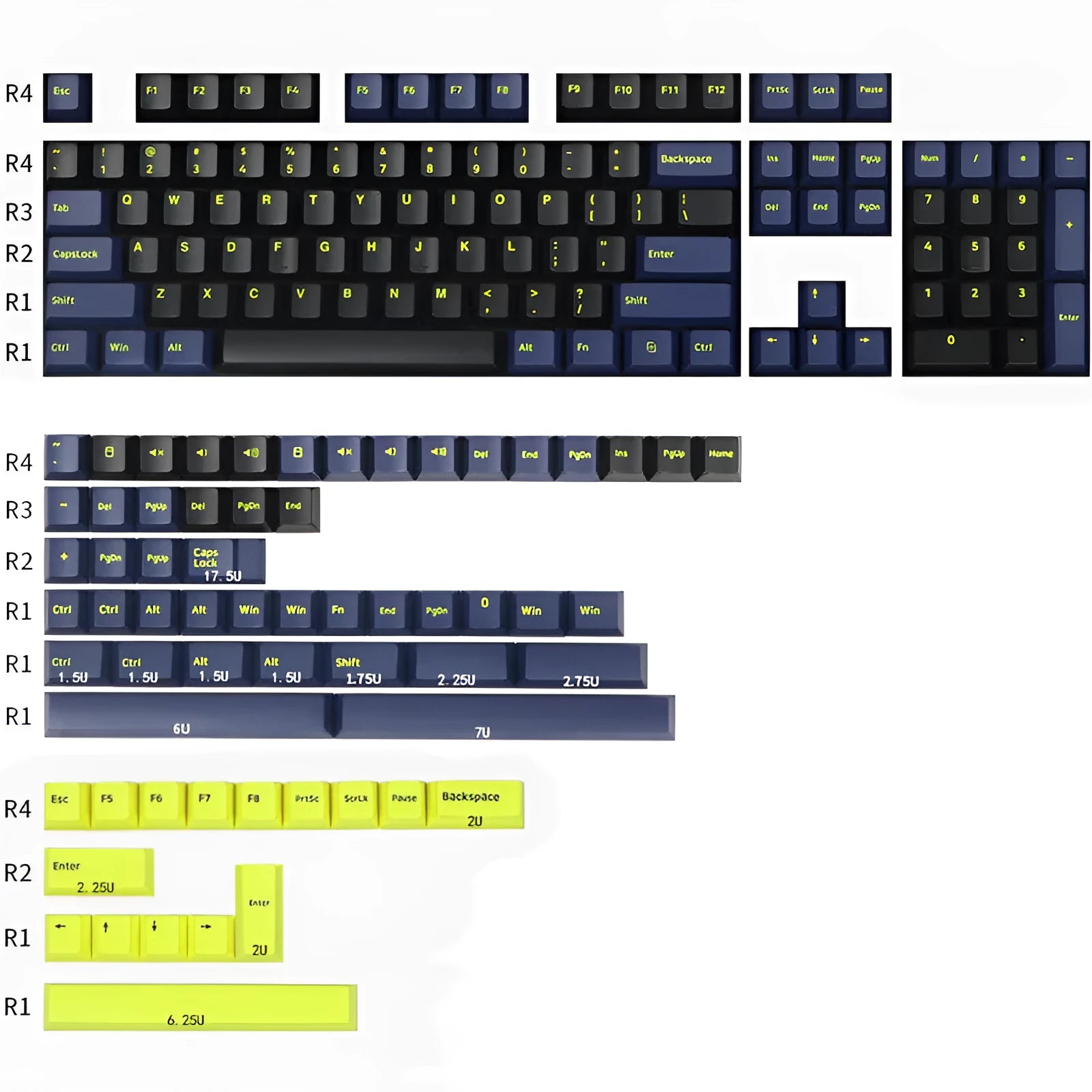 PBT two-colour double-shot moulded mechanical keyboard keycaps in a pink, black, blue, purple, red, and black colour scheme.