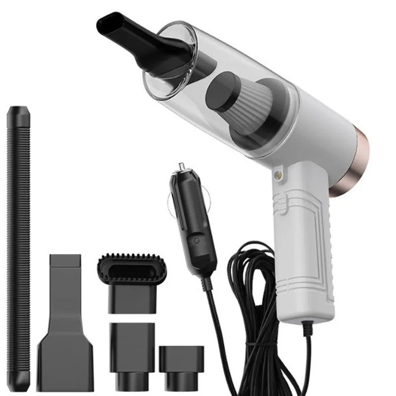 Starry Sky Black portable car vacuum cleaner with long cord and set of five suction head accessories on a grey background.