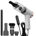 Starry Sky Black portable car vacuum cleaner with long cord and set of five suction head accessories on a grey background.