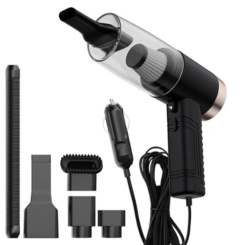 Starry Sky Black portable car vacuum cleaner with long cord and set of five suction head accessories on a grey background.