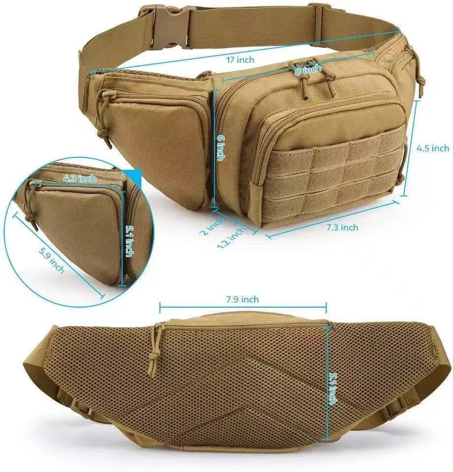 Men's tactical multifunctional waist bag in black and khaki colour options.