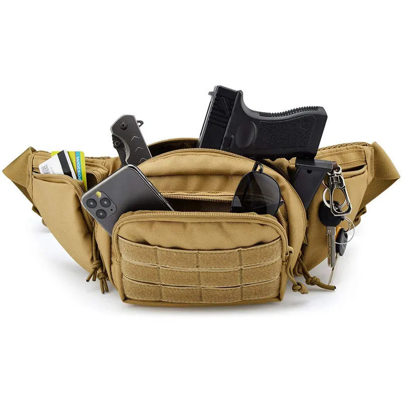 Men's tactical multifunctional waist bag in black and khaki colour options.