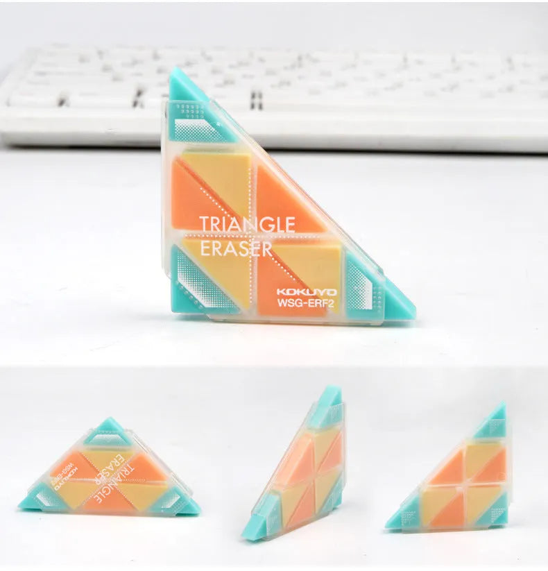 A triangular blue PVC rubber eraser for detailed, multi-angle correction.