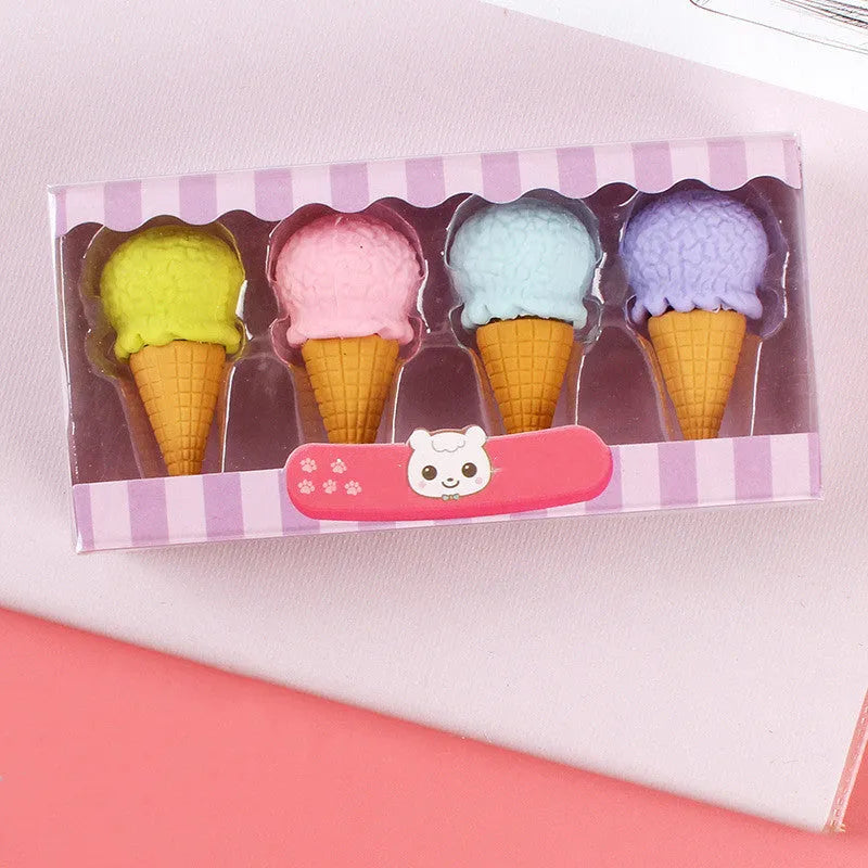 Set of 12 colourful cartoon erasers shaped like ice creams, lollipops, and donuts for children