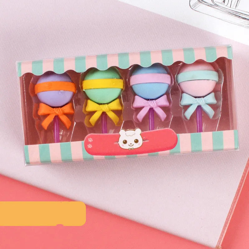 Set of 12 colourful cartoon erasers shaped like ice creams, lollipops, and donuts for children