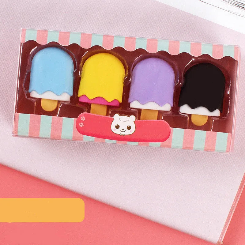 Set of 12 colourful cartoon erasers shaped like ice creams, lollipops, and donuts for children