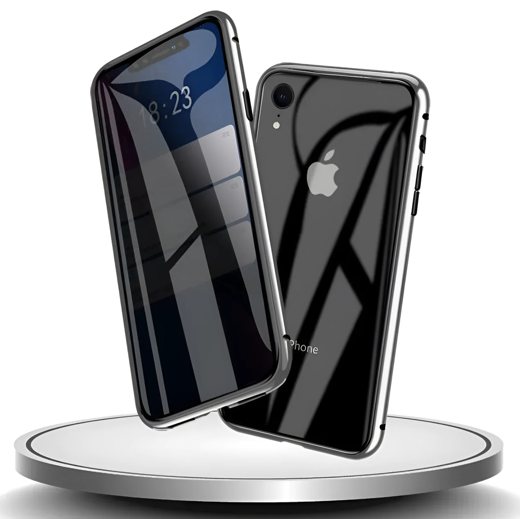 Geometric-patterned clamshell phone case in navy blue, open to show iPhone 13 Pro Max inside.