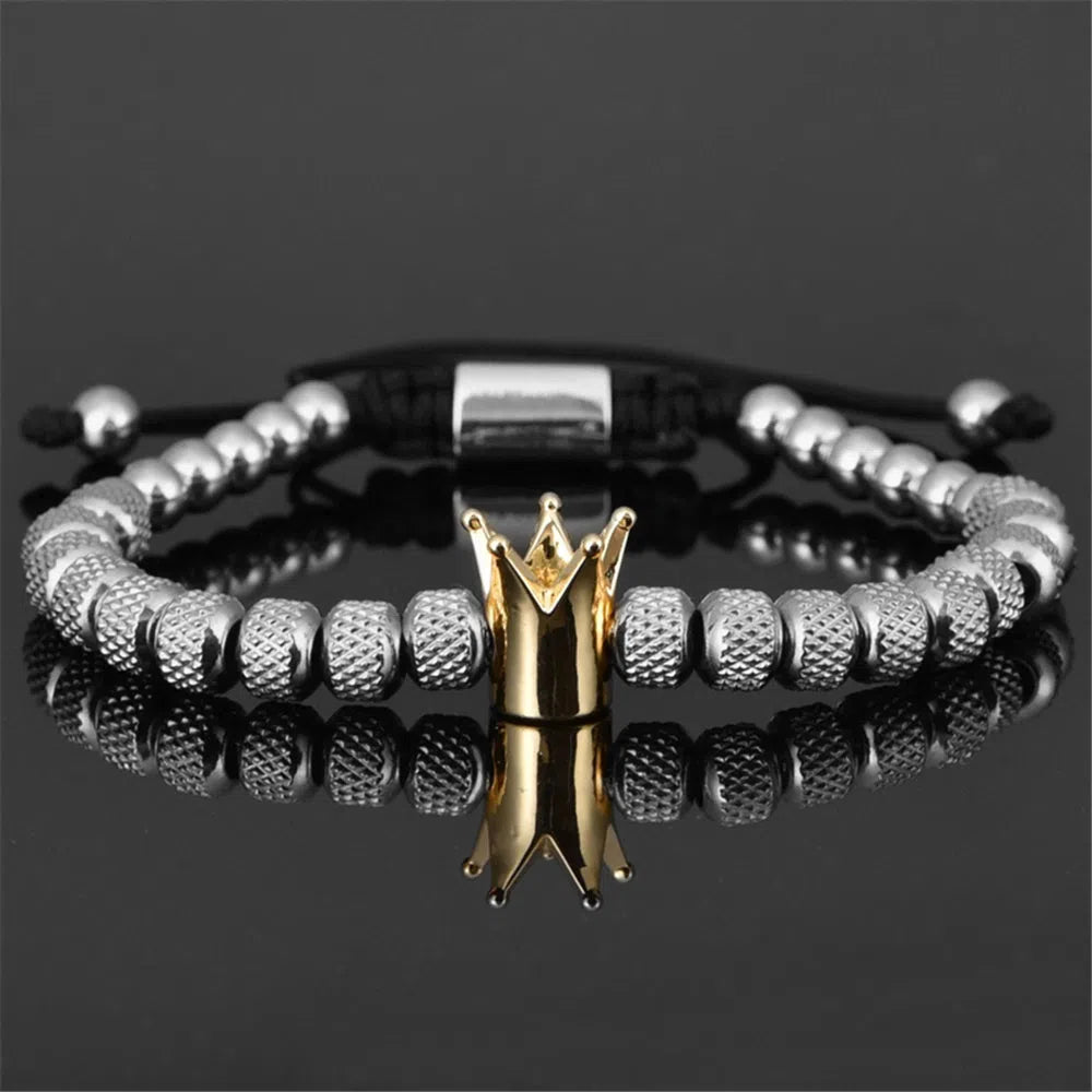 Titanium steel handmade bracelet set with Crown Cross Roman Numerals patterns, silver finish