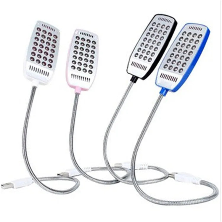 A flexible gooseneck USB LED desk lamp in black, bent to position its light.