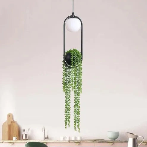 Iron aisle chandelier with hanging flower pot design and LED lighting.