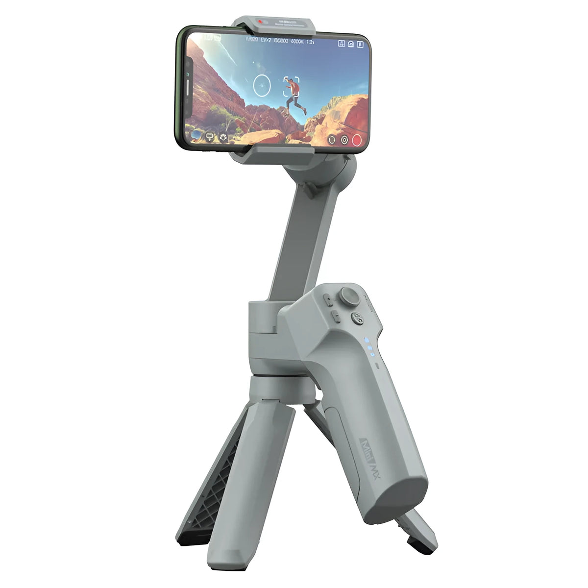 Magic Claw Mini MX folding phone stabiliser in grey, expanded mode showing clamp and hinge mechanism on a plain background