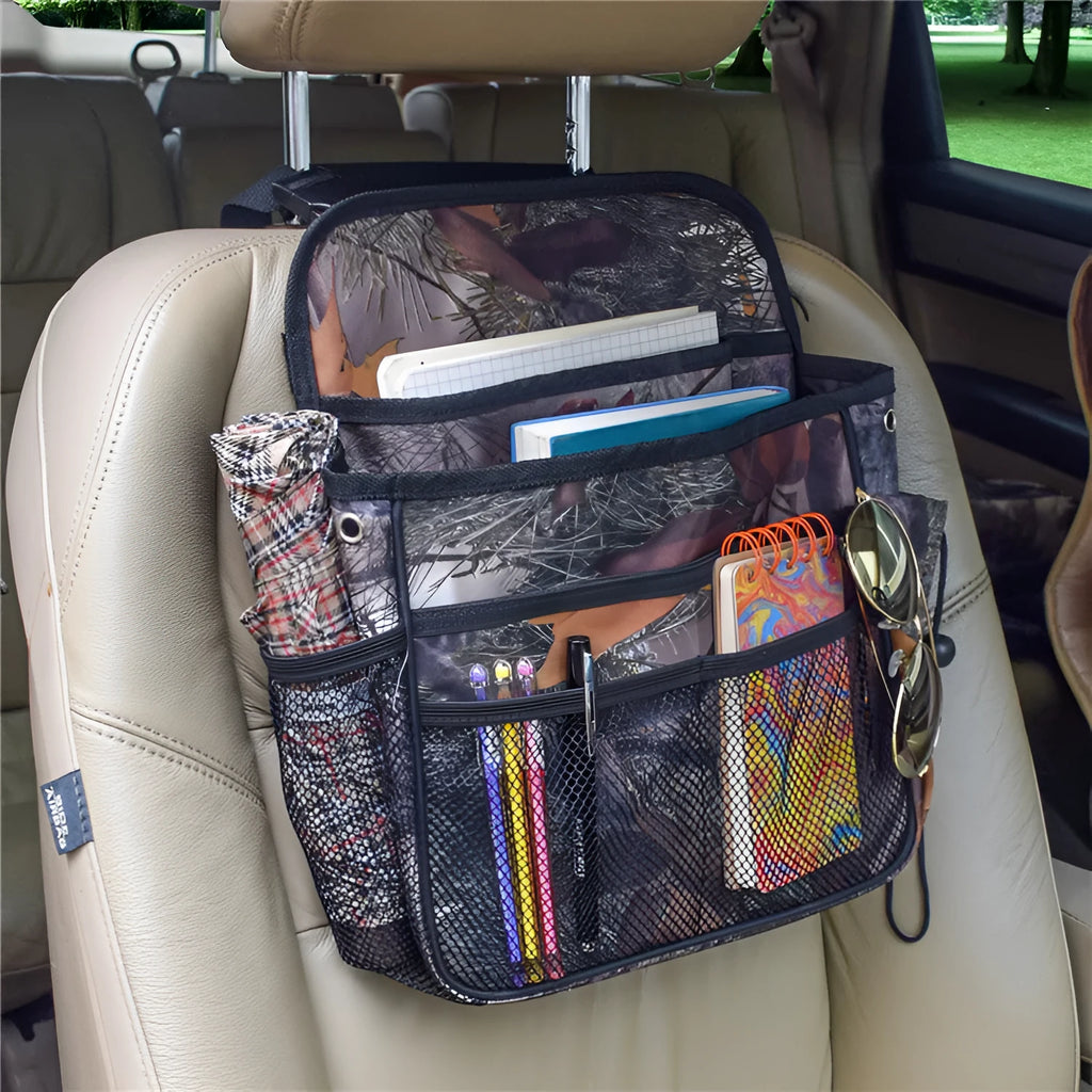 Black polyester car suspension storage bag measuring 35 by 28 by 9 centimetres, hung on a car seat back